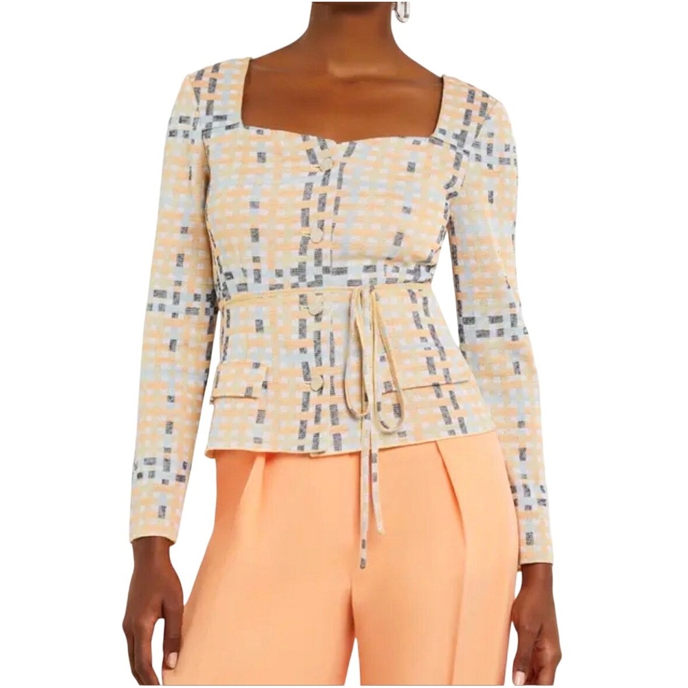 Misook Jacquard Knit Jacket Multi Color Square Neck Tie Waist Top Womens Large
